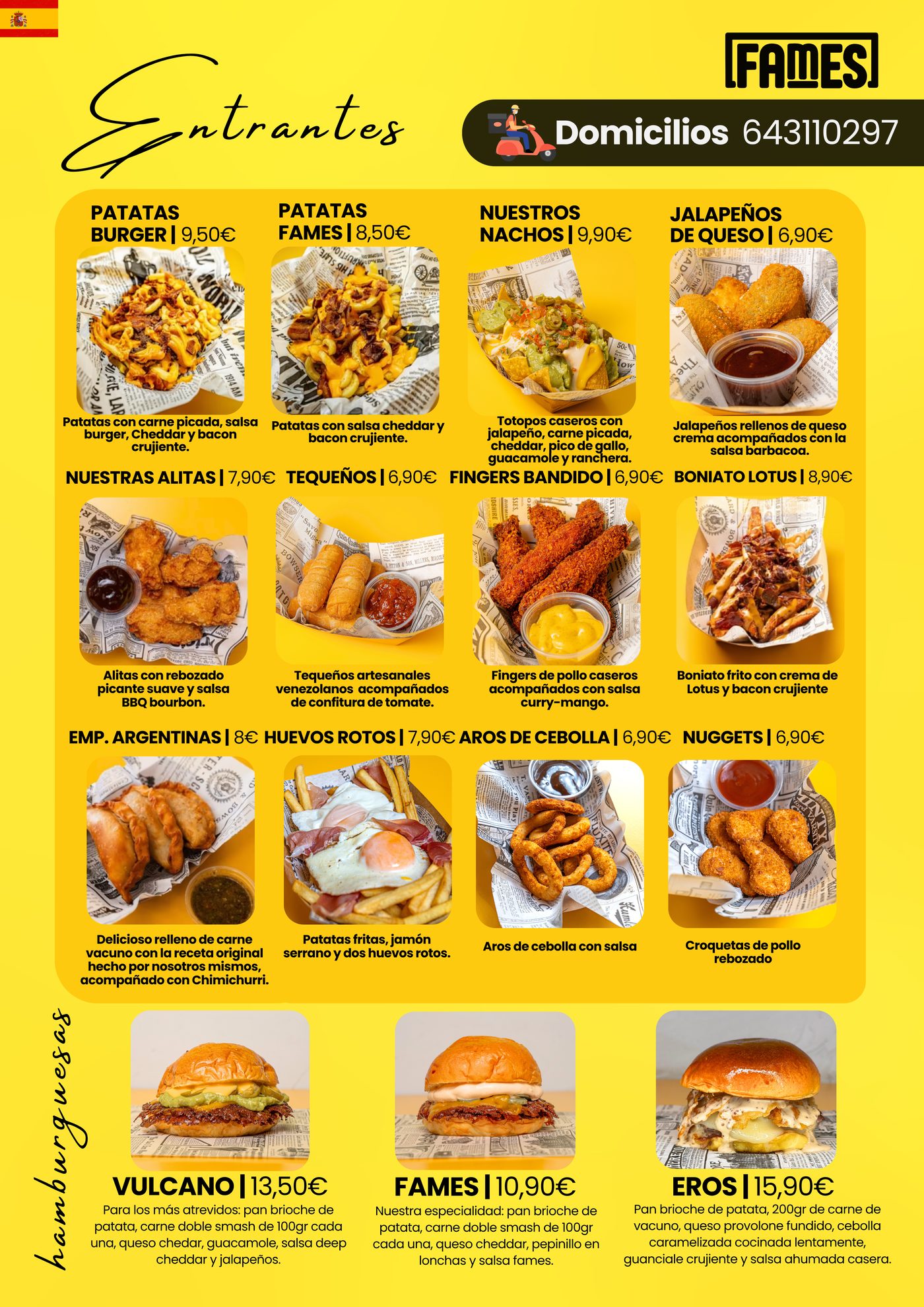 Carta de Fames Burger Torrevieja - entrantes y hamburguesas
