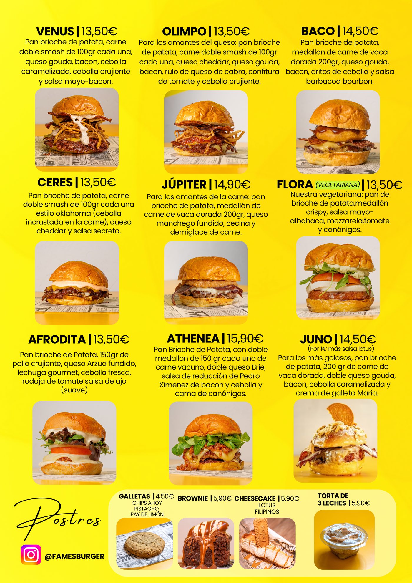 Carta de Fames Burger Torrevieja - hamburguesas y postres